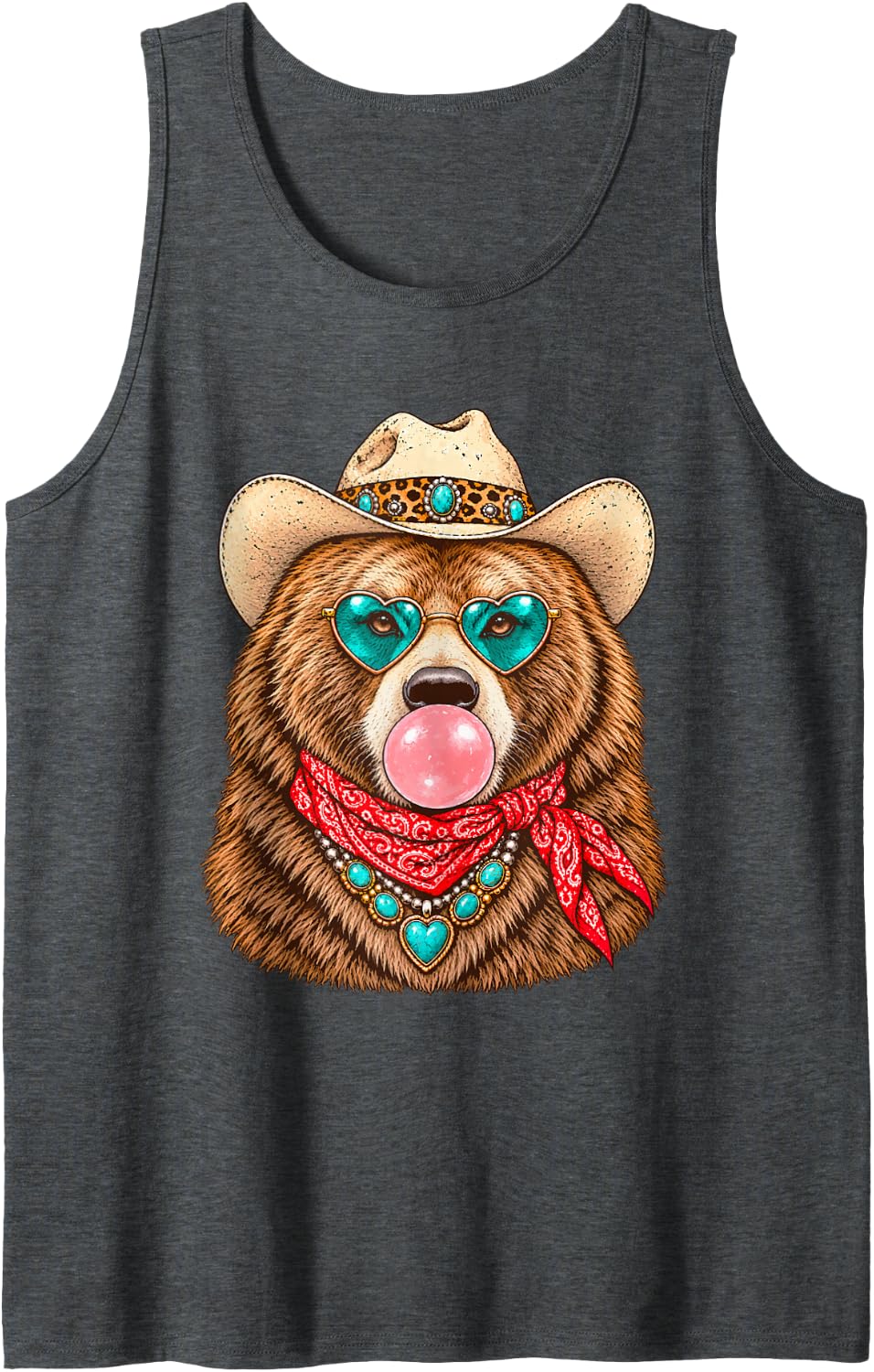 Glam Bear with Cowboy Hat and Bubblegum Western Animal Sleeveless Tank Top - Dark Heather Grey