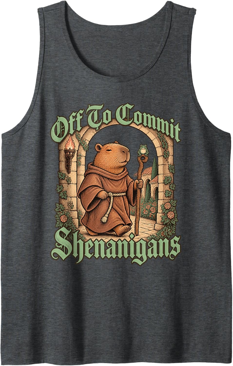 Capybara Monk Medieval Monastery Shenanigans Peace Habit Sleeveless Tank Top - Dark Heather Grey