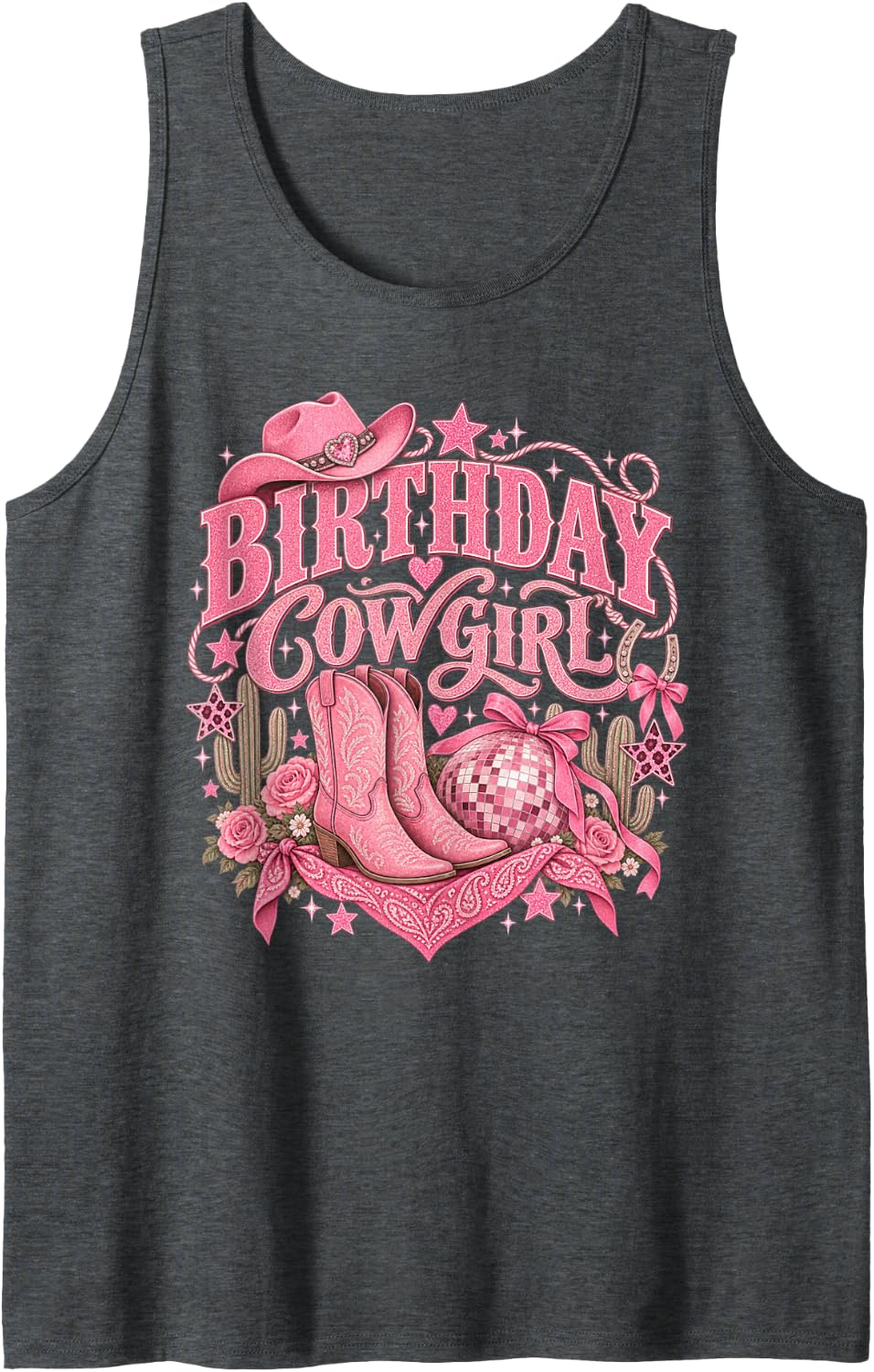 Birthday Cowgirl Pink Western Boots Cowboy Hat Rodeo Sleeveless Tank Top - Dark Heather Grey