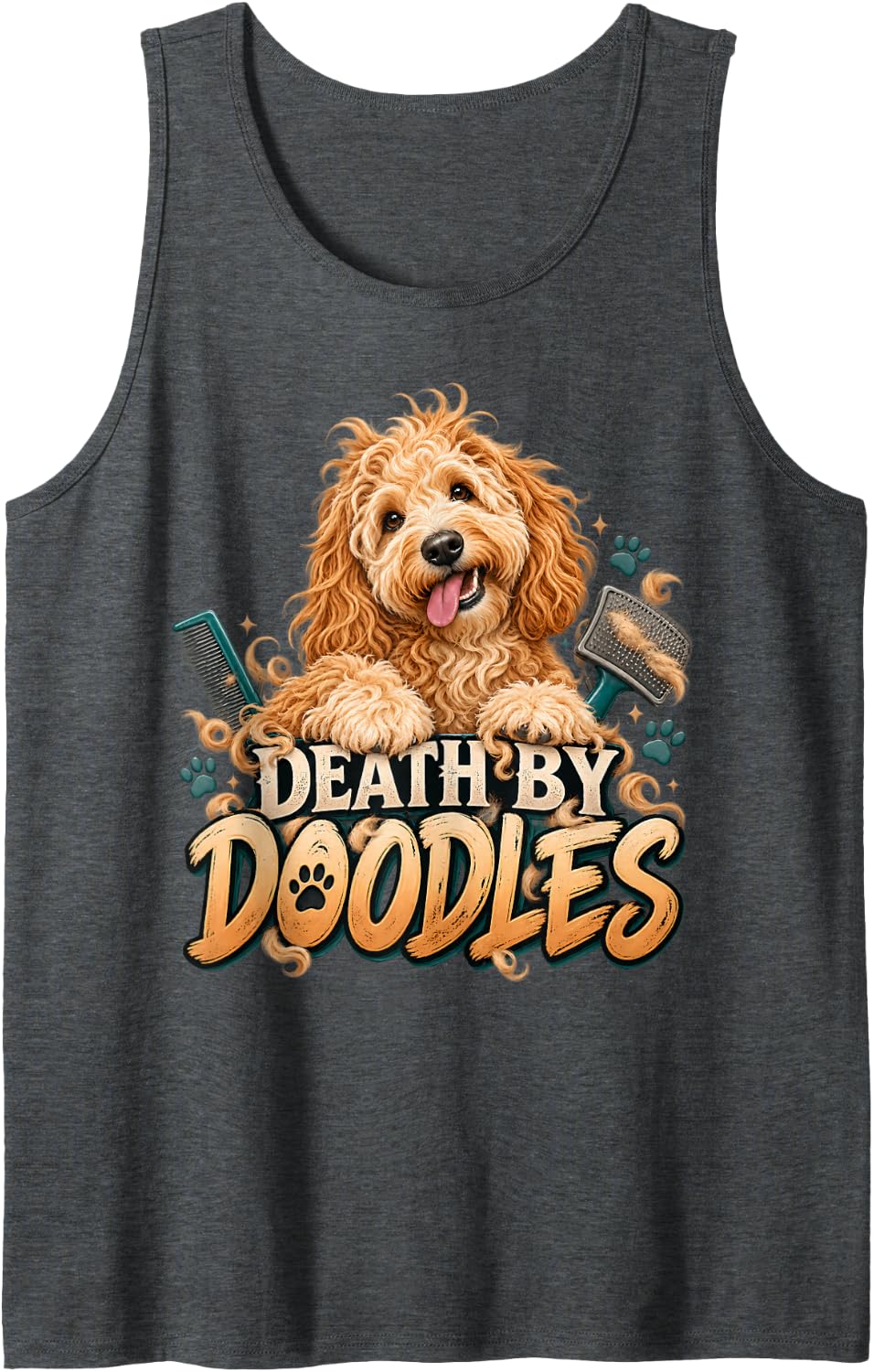 Goldendoodle Dog Groomer Funny Grooming Top Death By Doodles Sleeveless Tank Top - Dark Heather Grey