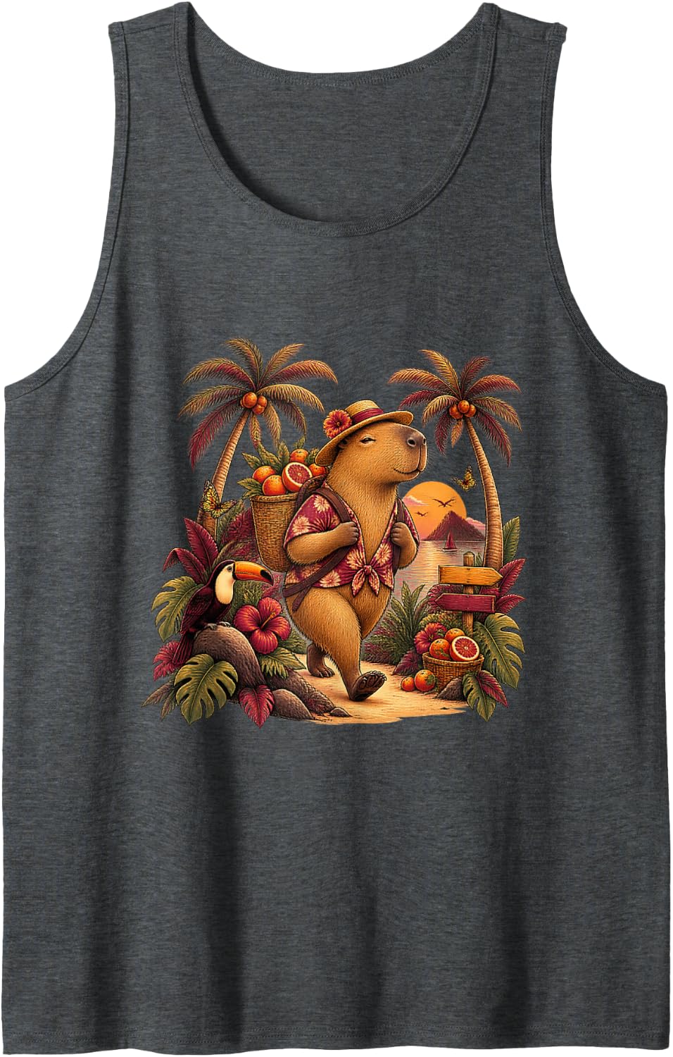 Playful Capybara Carrying Citrus Fruit Tank Top - Dark Heather Grey