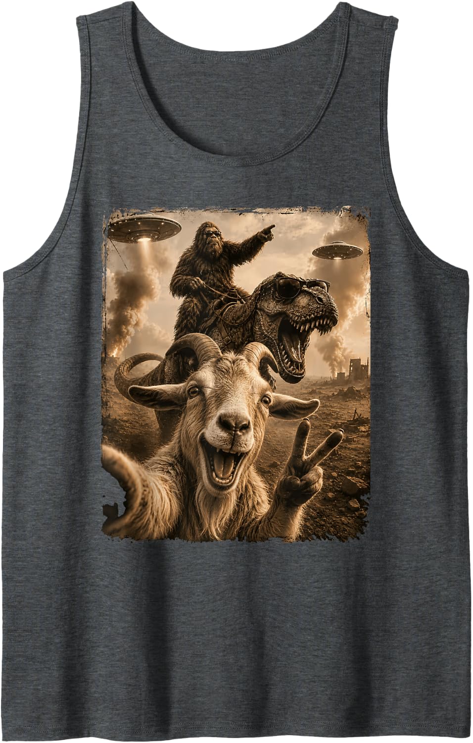 Goat Selfie Bigfoot T Rex UFO Funny Men Women Kid Humor Sleeveless Tank Top - Dark Heather Grey