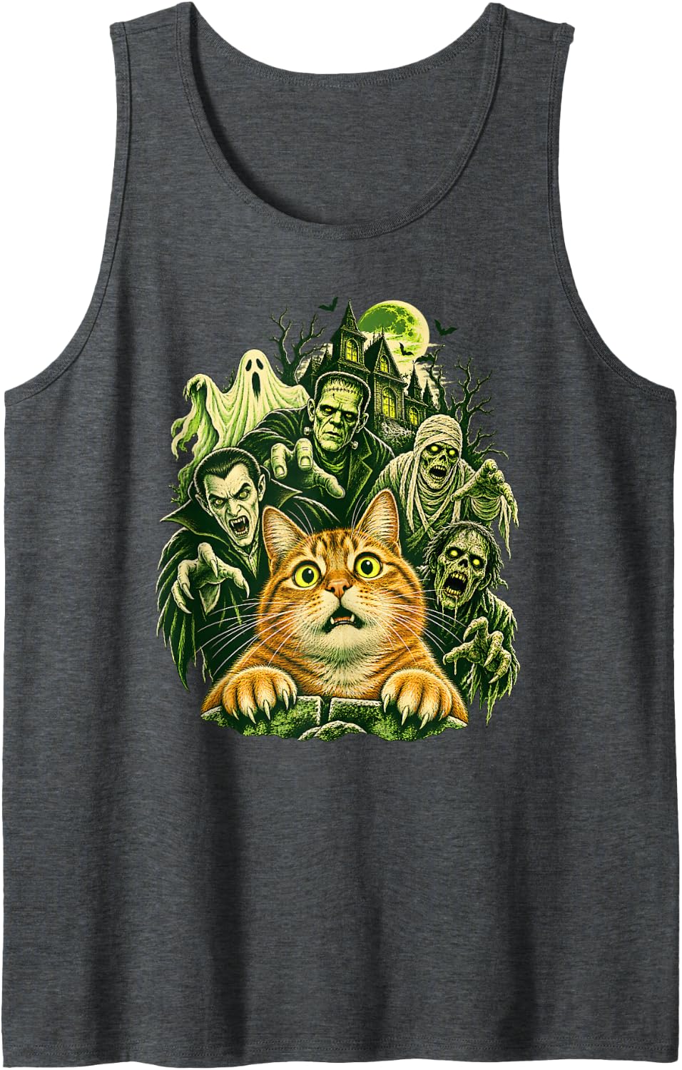 Vintage 90s Cat Classic Monsters Haunted House Halloween Sleeveless Tank Top - Dark Heather Grey