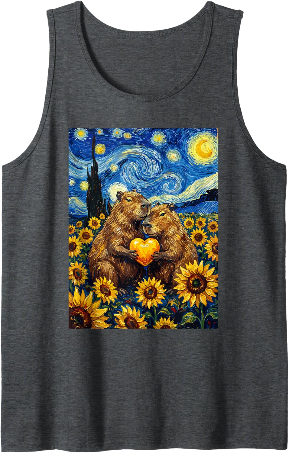 Capybara Starry Night with Heart and Sunflowers Tank Top - Dark Heather Grey