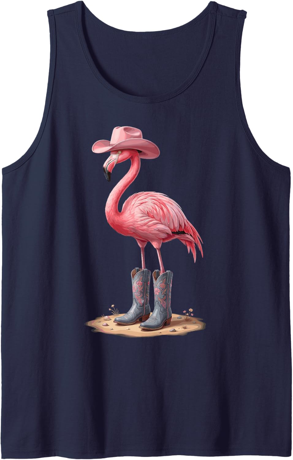 Flamingo Howdy Cowboy Cowgirl Ranch Rodeo Rancher Western Sleeveless Tank Top - Navy Blue