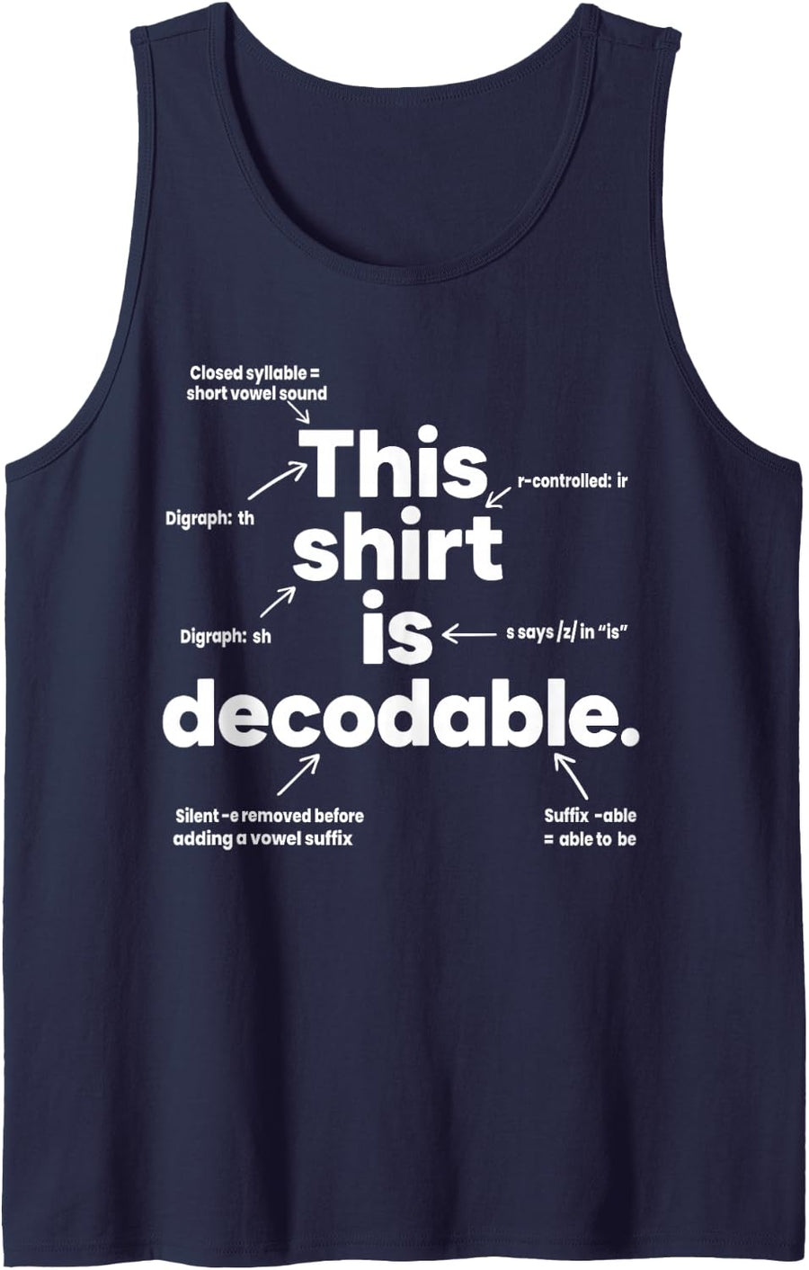 This Shirt is Decodable Phonics Teacher Science of Reading Sleeveless Tank Top - Navy Blue