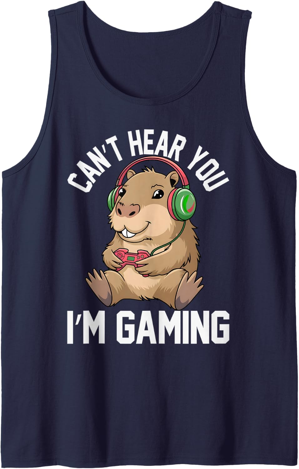 Can't Hear You I'm Gaming Capybara Gamer Boys Funny Graphic Sleeveless Tank Top - Navy Blue