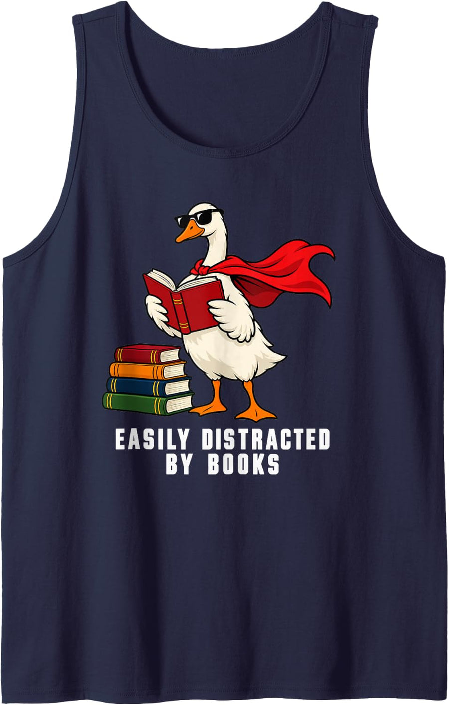 Easily Distracted By Books Funny Goose Reader Silly Humor Sleeveless Tank Top - Navy Blue