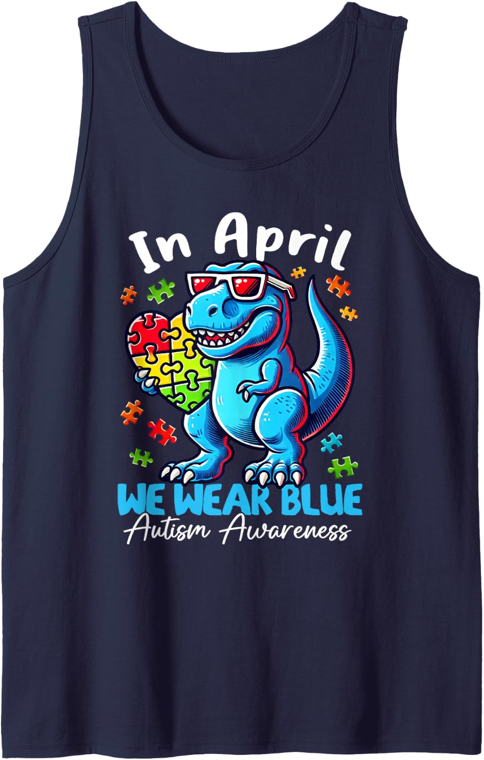 Dinosaur Autism Awareness Month in April We Wear Blue T Rex Sleeveless Tank Top - Navy Blue