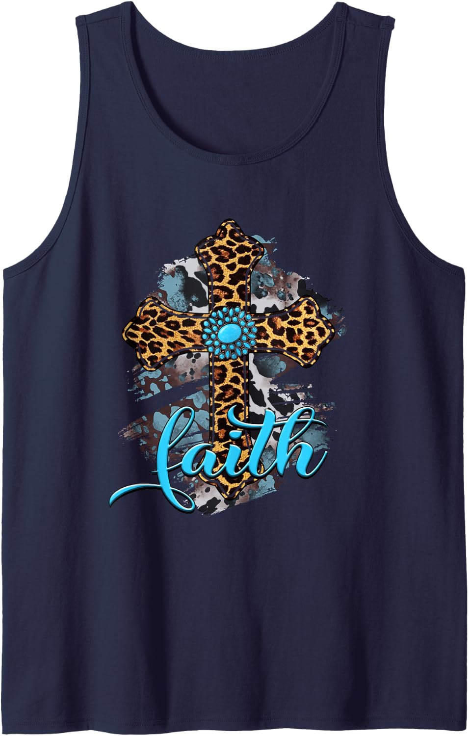 Western Boho Christian Turquoise Leopard Faith Cross Jesus Sleeveless Tank Top - Navy Blue