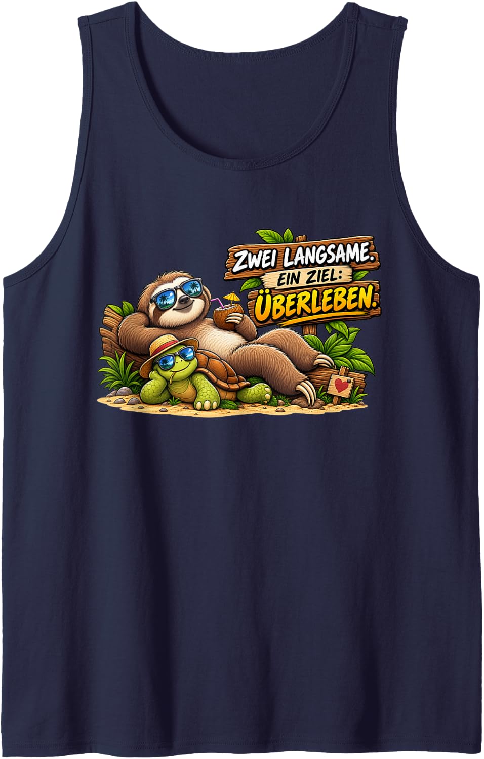 Two Slow with One Target Turtle and Sloth Funny Sleeveless Tank Top - Navy Blue