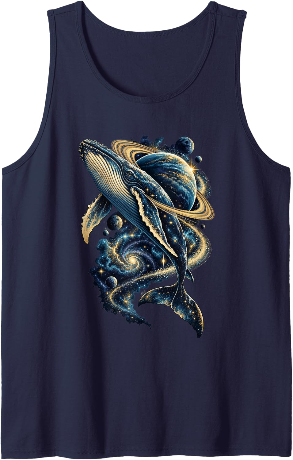 Cosmic Whale Stars Planets Vintage Celestial Ocean Art Sleeveless Tank Top - Navy Blue