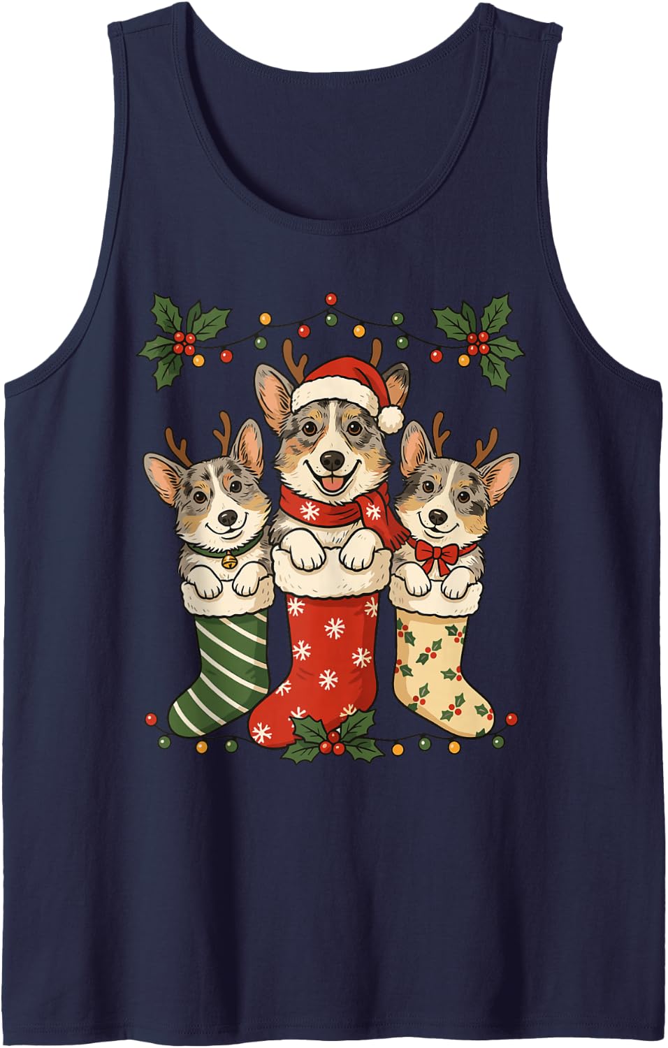 Pembroke Welsh Corgi Christmas Stocking Puppy Fur Baby Mom Sleeveless Tank Top - Navy Blue