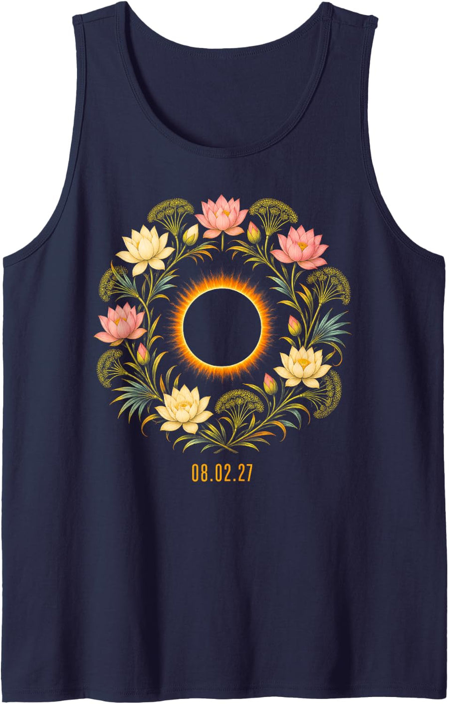 Lotus Wreath Total Solar Eclipse 2027 Sleeveless Tank Top - Navy Blue