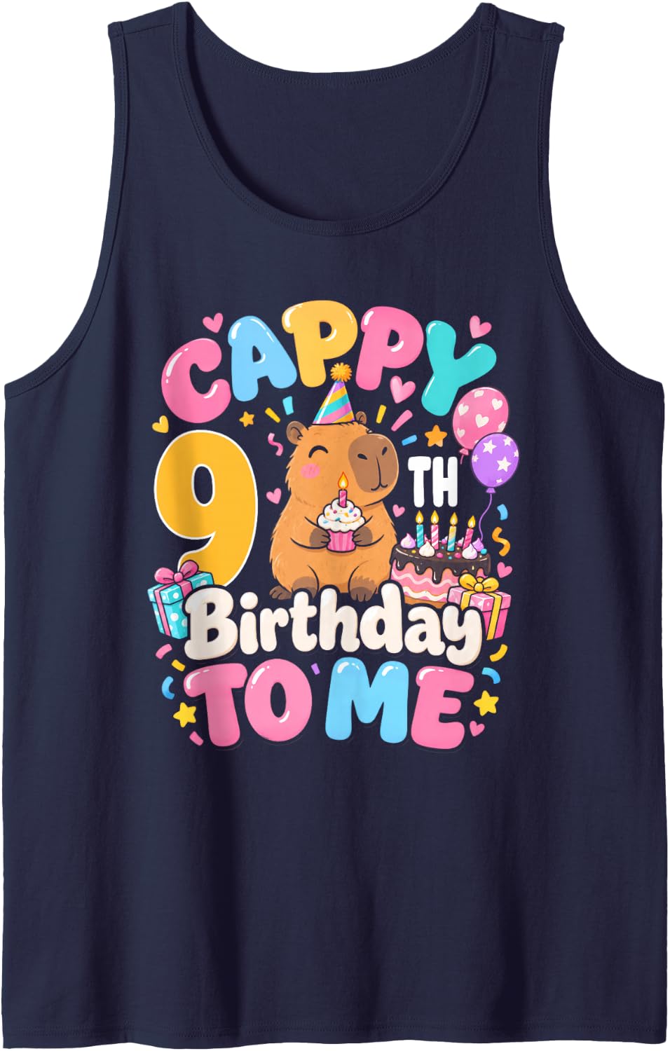 Cappy 9th Birthday to Me 9 Year Old Bday Capybara Lover Sleeveless Tank Top - Navy Blue