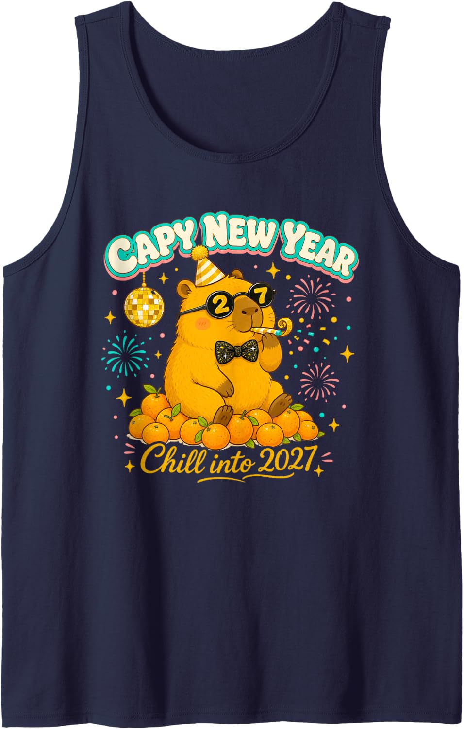 New Year Capybara 2027 Funny Capy New Year Eve NYE Pun Meme Sleeveless Tank Top - Navy Blue