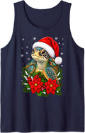 Festive Floral Santa Hat Sea Turtle Christmas Sleeveless Tank Top - Navy Blue