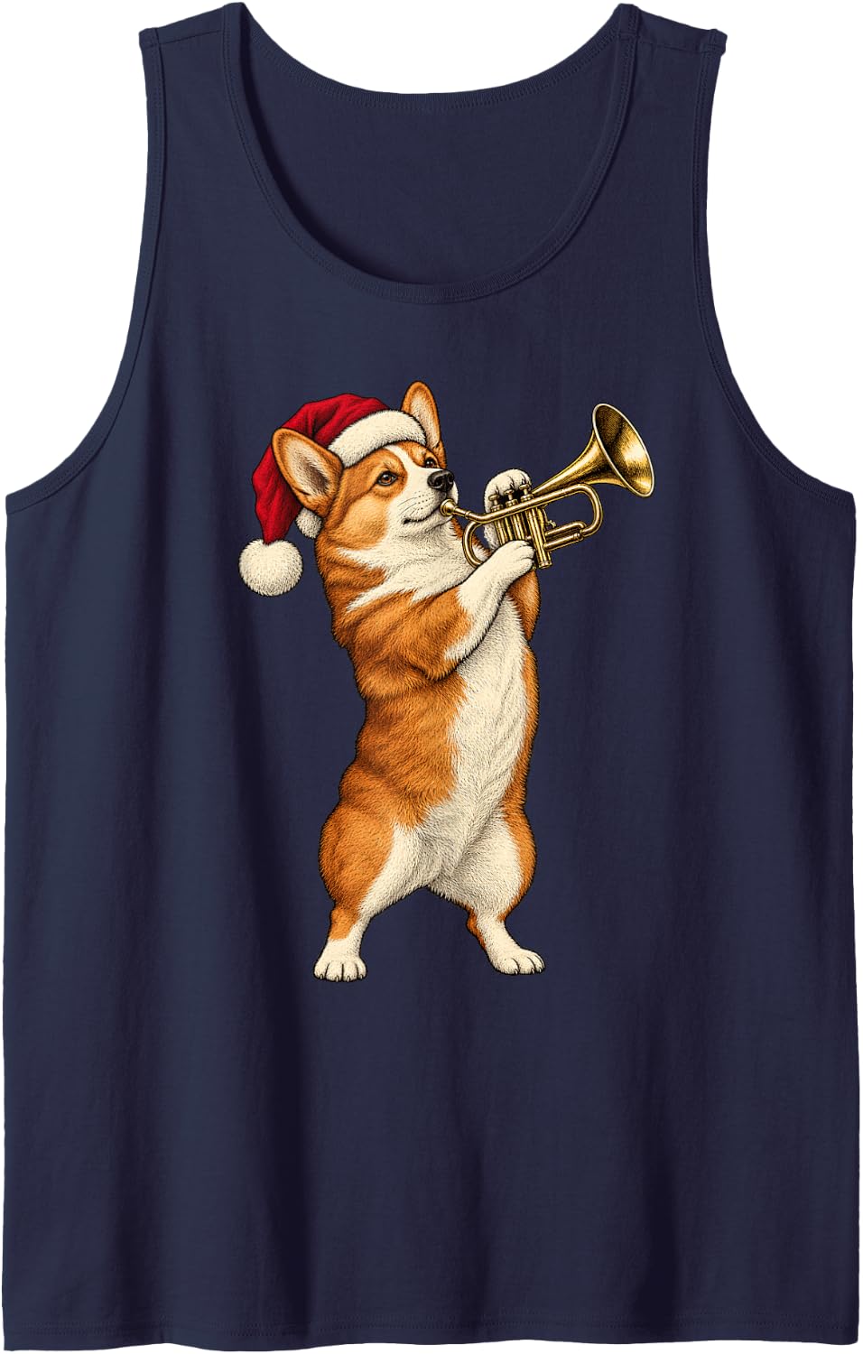 Santa Pembroke Welsh Corgi Trumpet Brass Band Sleeveless Tank Top - Navy Blue