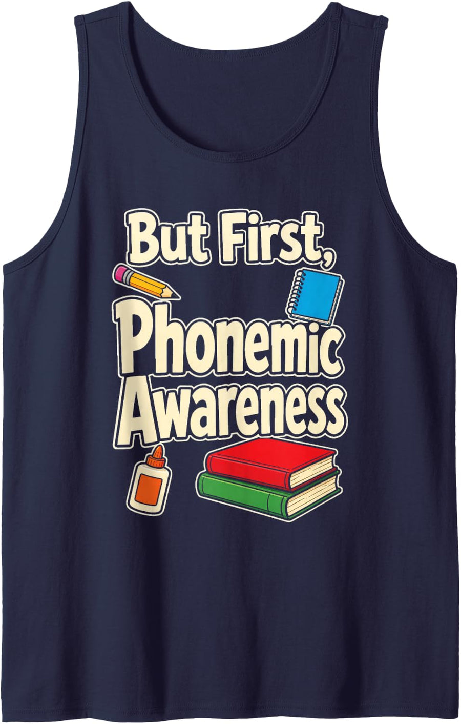 Reading Teacher But First Phonemic Awareness Literacy Sleeveless Tank Top - Navy Blue