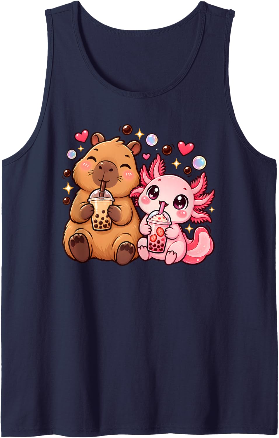 Capybara and Axolotl Drinking Bubble Tea Kawaii Boba Tea Sleeveless Tank Top - Navy Blue