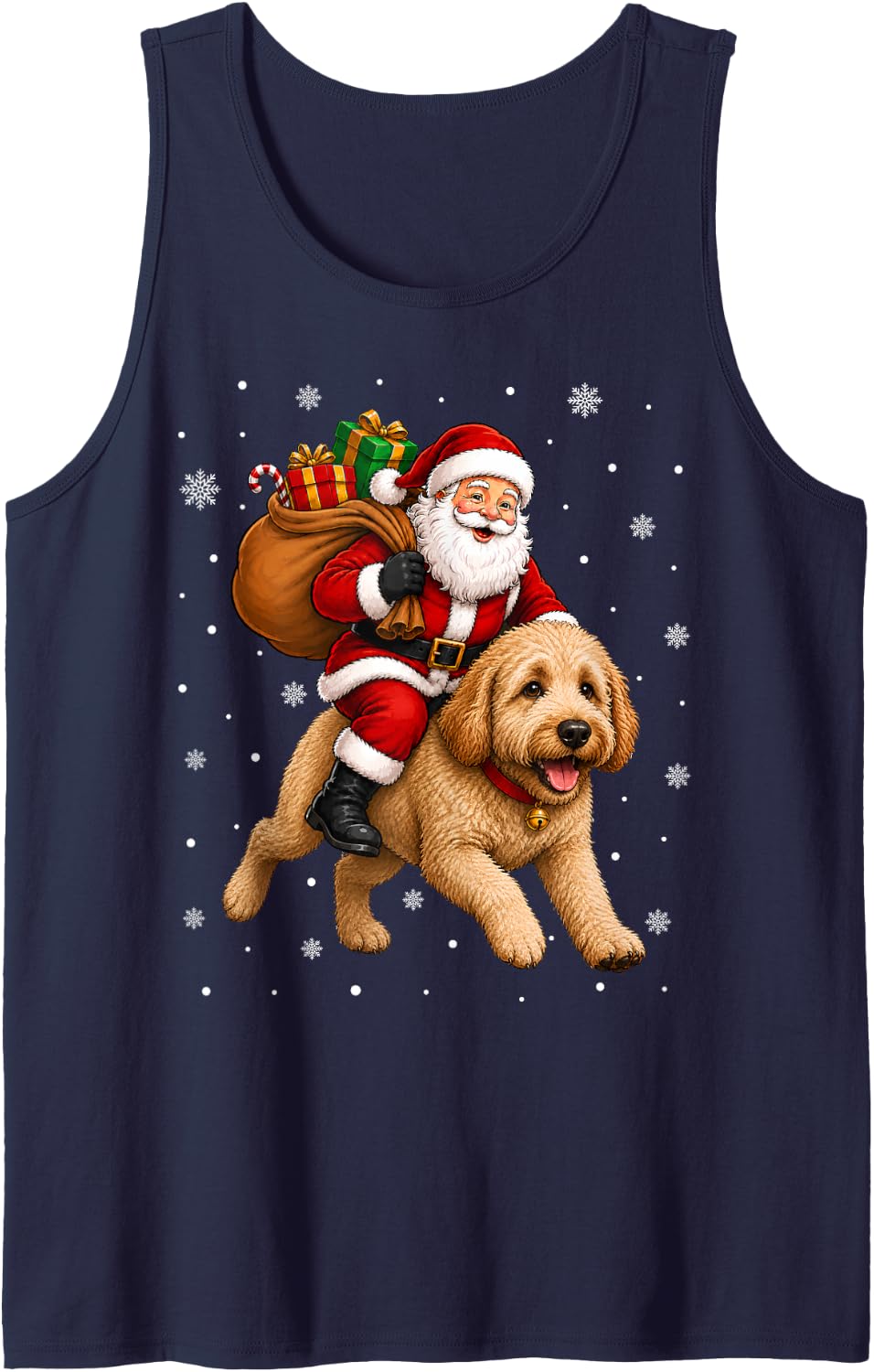 Festive Funny Santa Riding Goldendoodle Dog Christmas Sleeveless Tank Top - Navy Blue