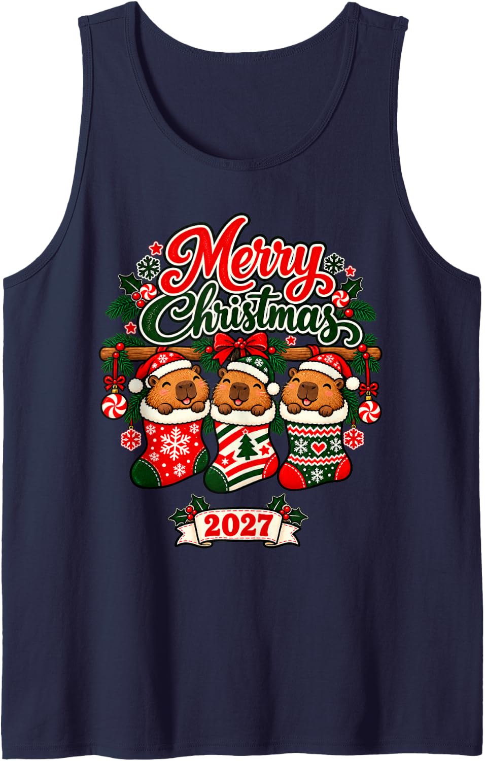 Merry Christmas 2027 Happy Capybara in Stockings Men Women Sleeveless Tank Top - Navy Blue