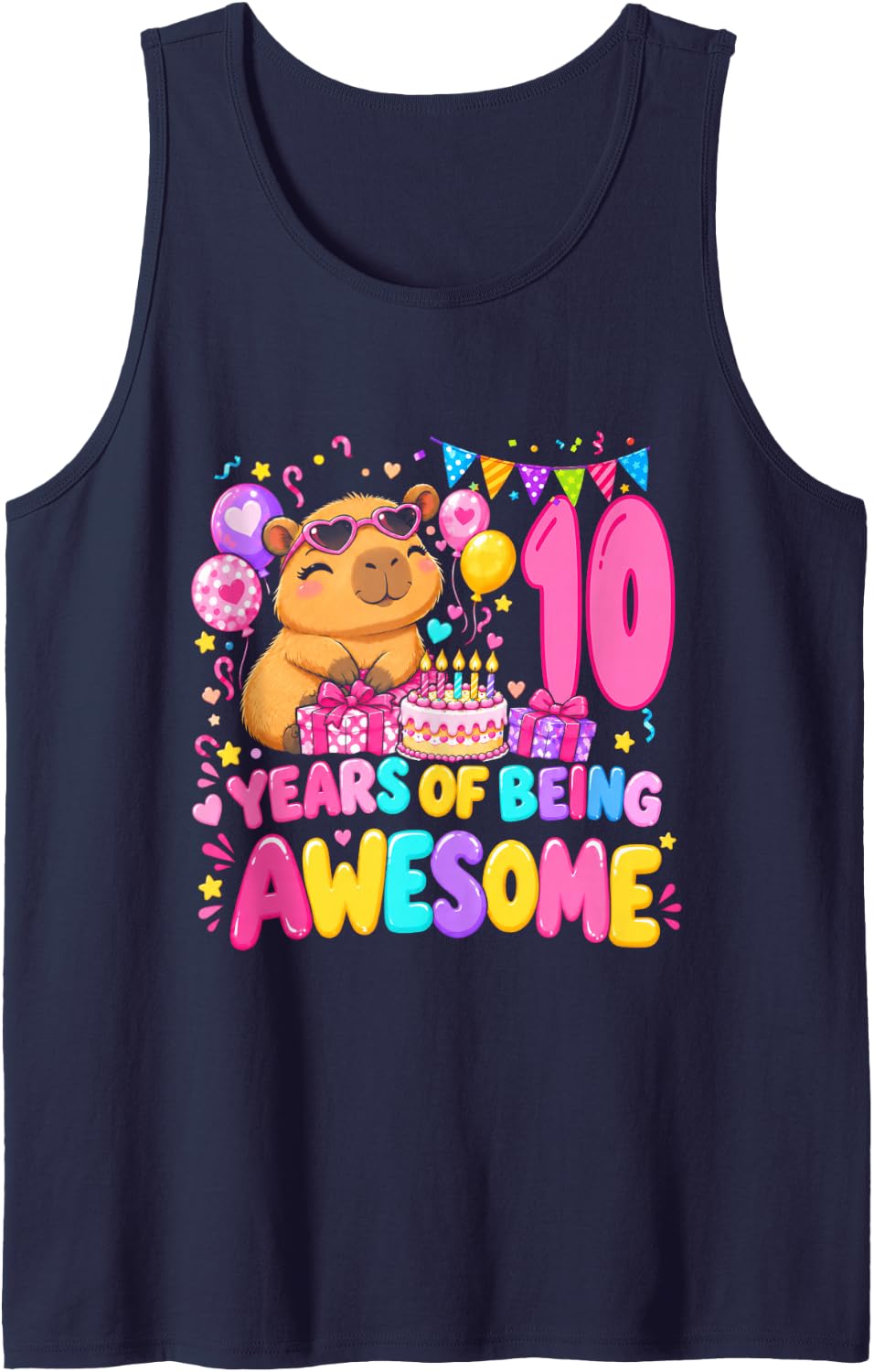 10 Years of Being Awesome 10th Birthday Capybara Party Sleeveless Tank Top - Navy Blue