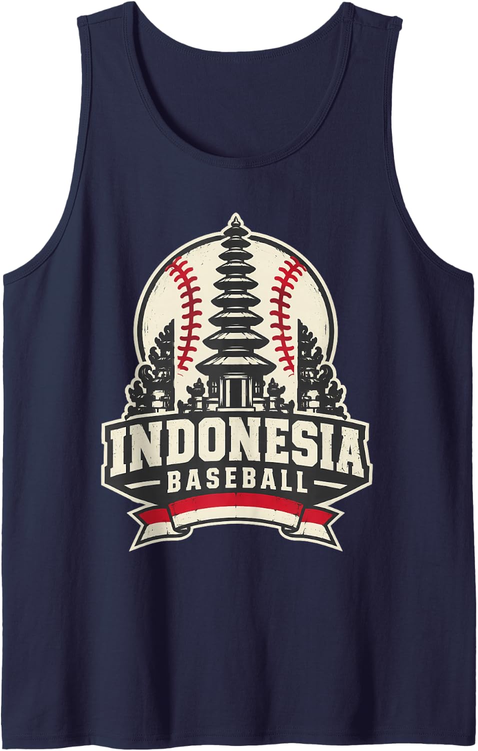 Indonesia Baseball Balinese Temple Grunge Design Sleeveless Tank Top - Navy Blue