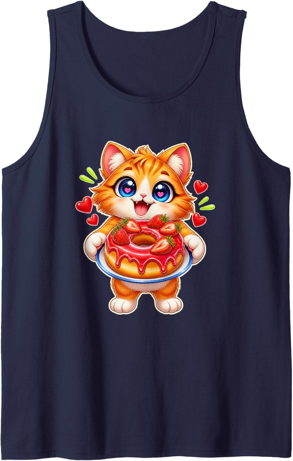 Orange Cat with Strawberry Glazed Donut Sleeveless Tank Top - Navy Blue