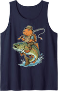 Funny Capybara Riding Bass Fish Men Boys Kids Fishing Sleeveless Tank Top - Navy Blue