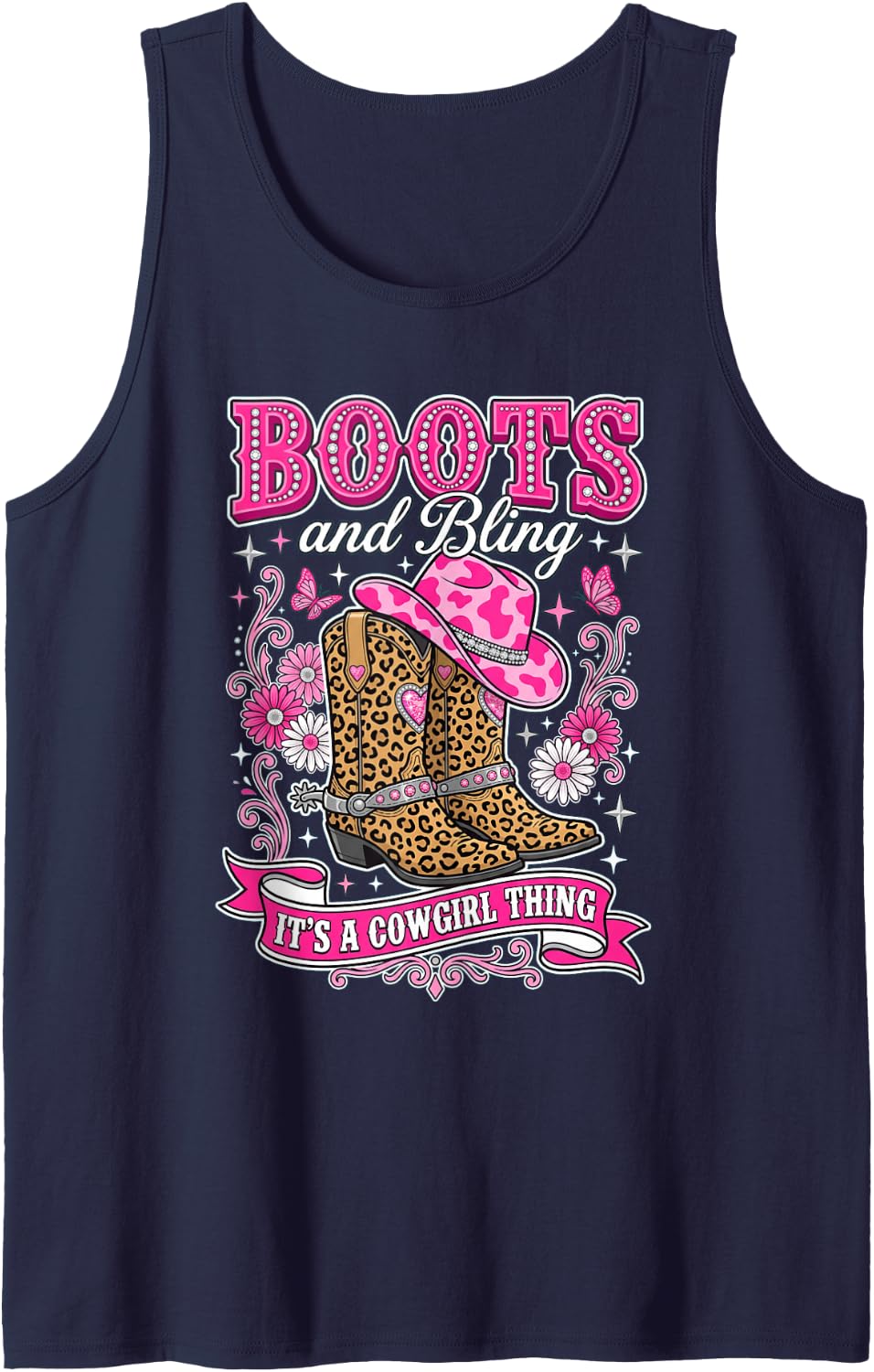 Vintage Western Cowgirl Boots Country Rodeo Graphic Sleeveless Tank Top - Navy Blue