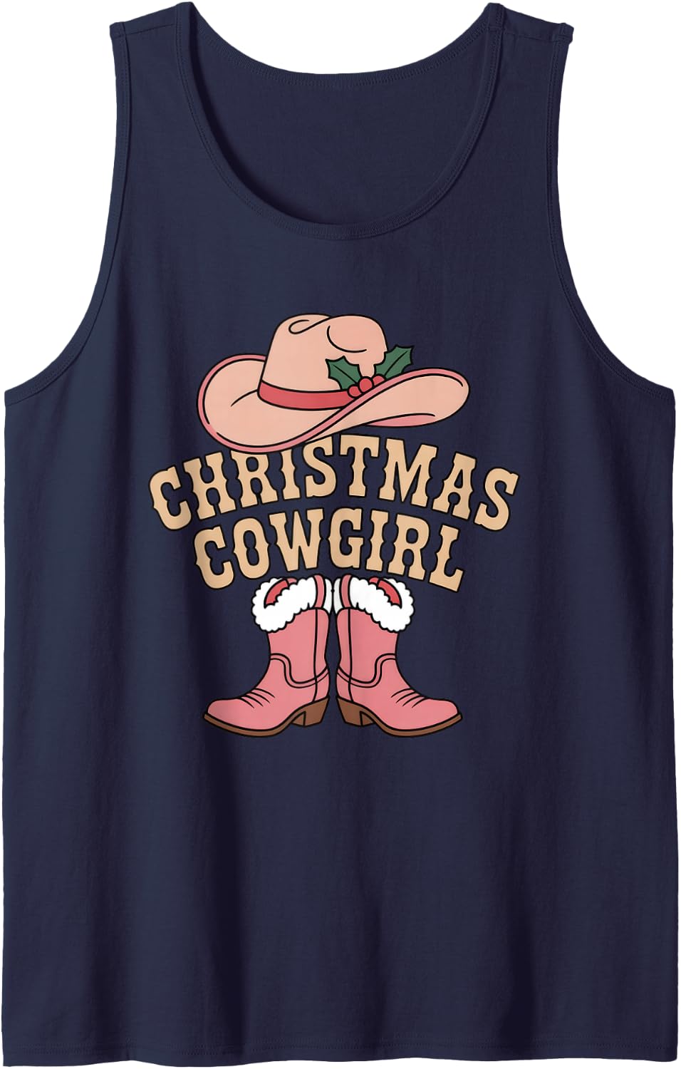 Christmas Cowgirl Western Holiday Boots and Hat Sleeveless Tank Top - Navy Blue