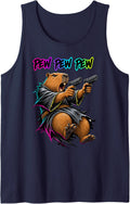 Pew Pew Pew Zen Capybara Peaceful Rodent Laser Blasters Sleeveless Tank Top - Navy Blue
