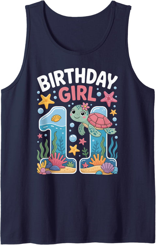 11 Year Old Birthday Girl 11th Sea Turtle Ocean Sleeveless Tank Top - Navy Blue