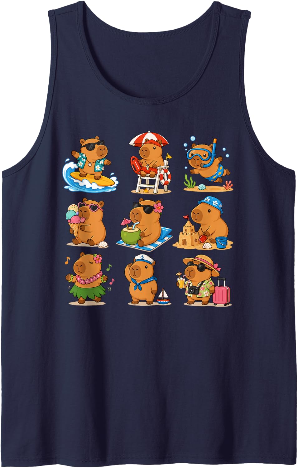 Capybara Summer Vacation Cute Beach Animal Cartoon Tank Top - Navy Blue