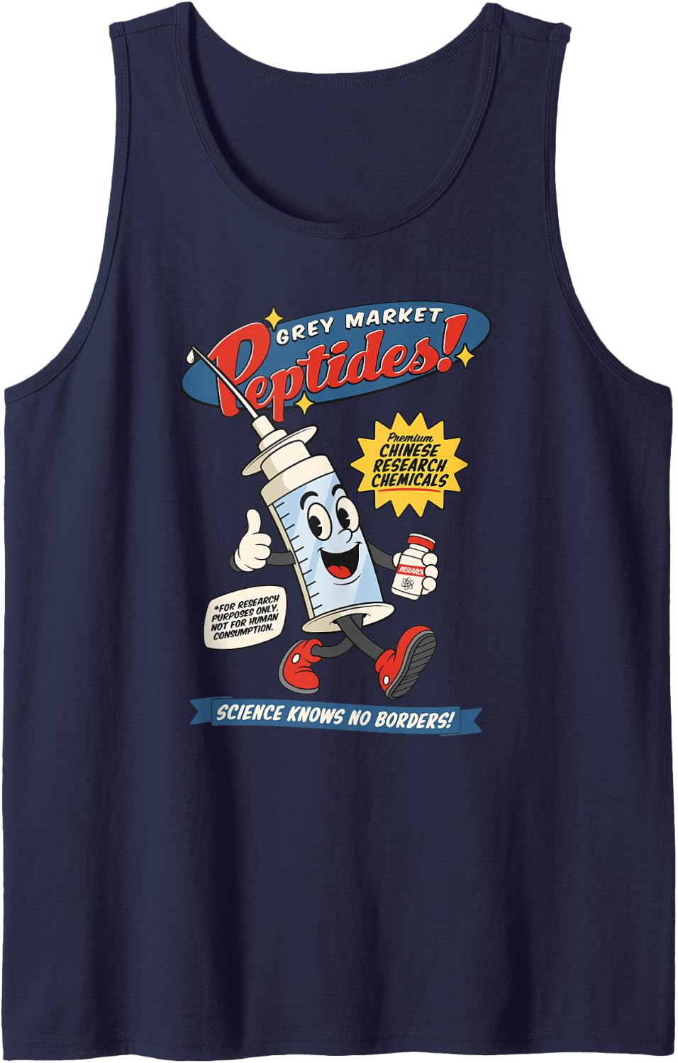Grey Market Peptides Gym Bro Biohacking Research Humor Tank Top - Navy Blue