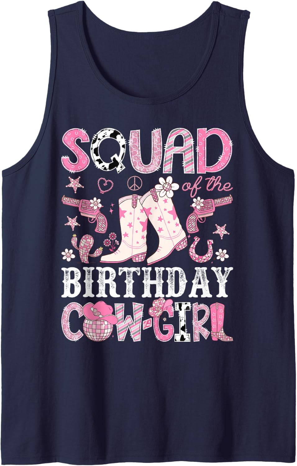 Squad of The Birthday Cowgirl Pink Disco Rodeo Squad Sleeveless Tank Top - Navy Blue