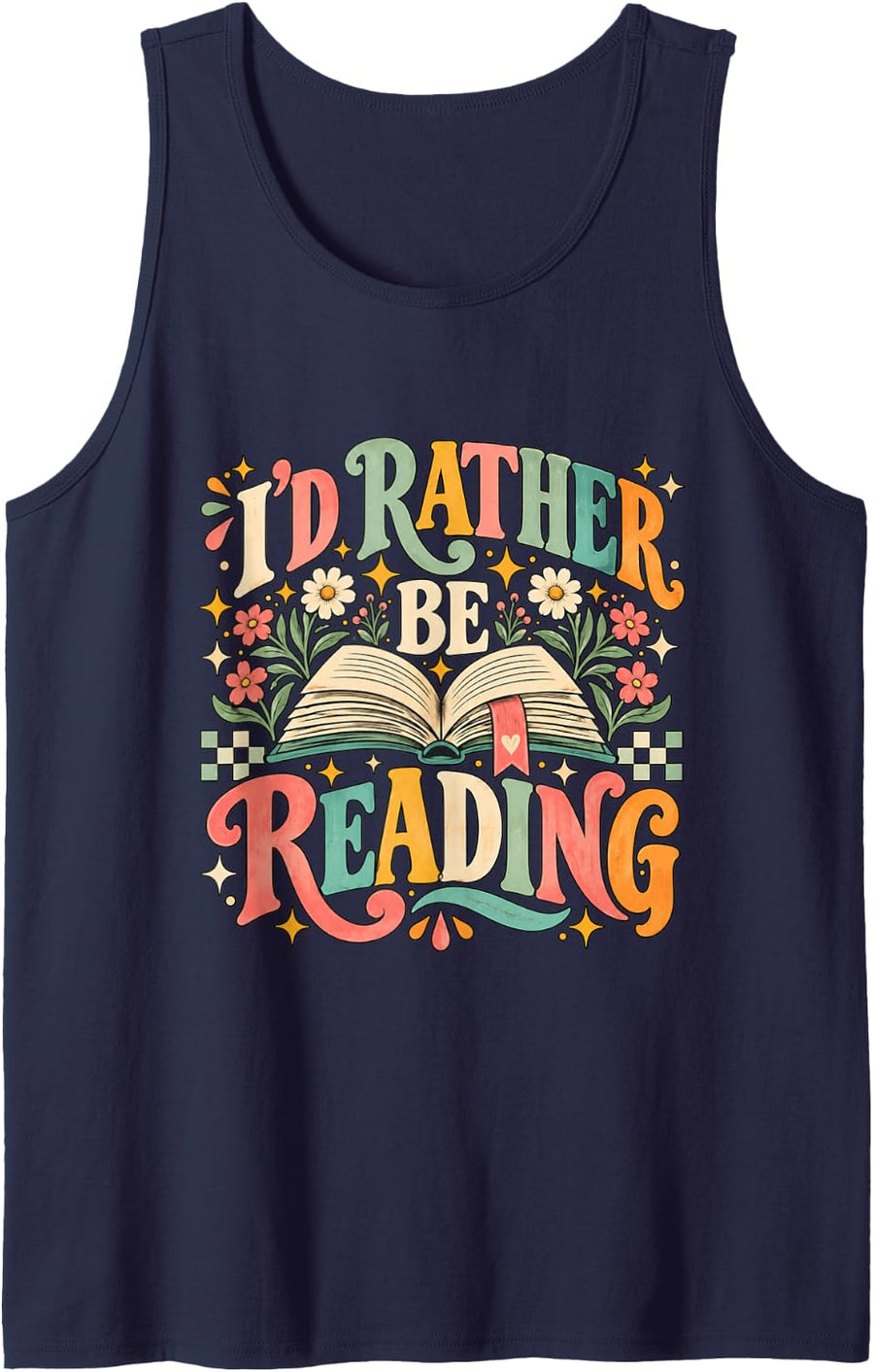 I'd Rather Be Reading Retro Floral Book Lover Graphic Sleeveless Tank Top - Navy Blue