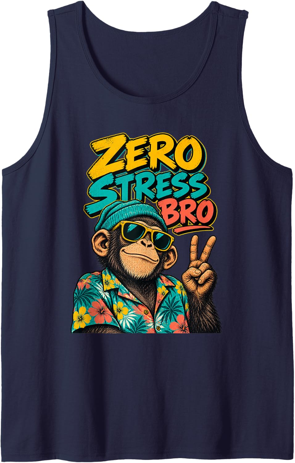 Funny Monkey Zero Stress BRO Retro Tropical Chill Vibes Sleeveless Tank Top - Navy Blue