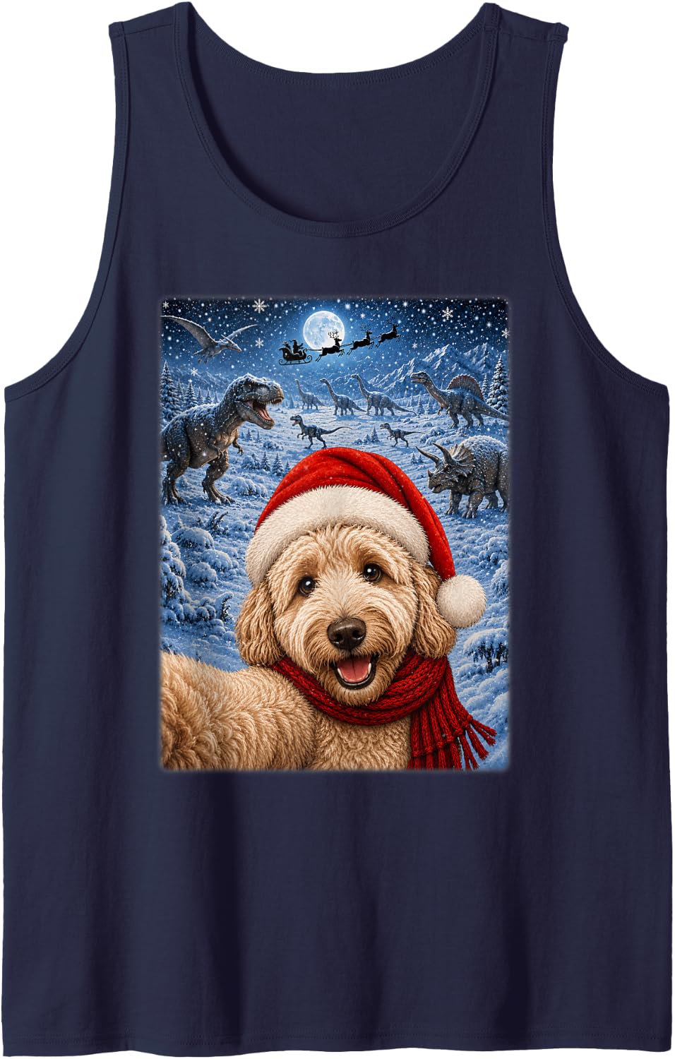 Goldendoodle Dog Christmas Moon Night Starry Dinosaurs Xmas Tank Top - Navy Blue