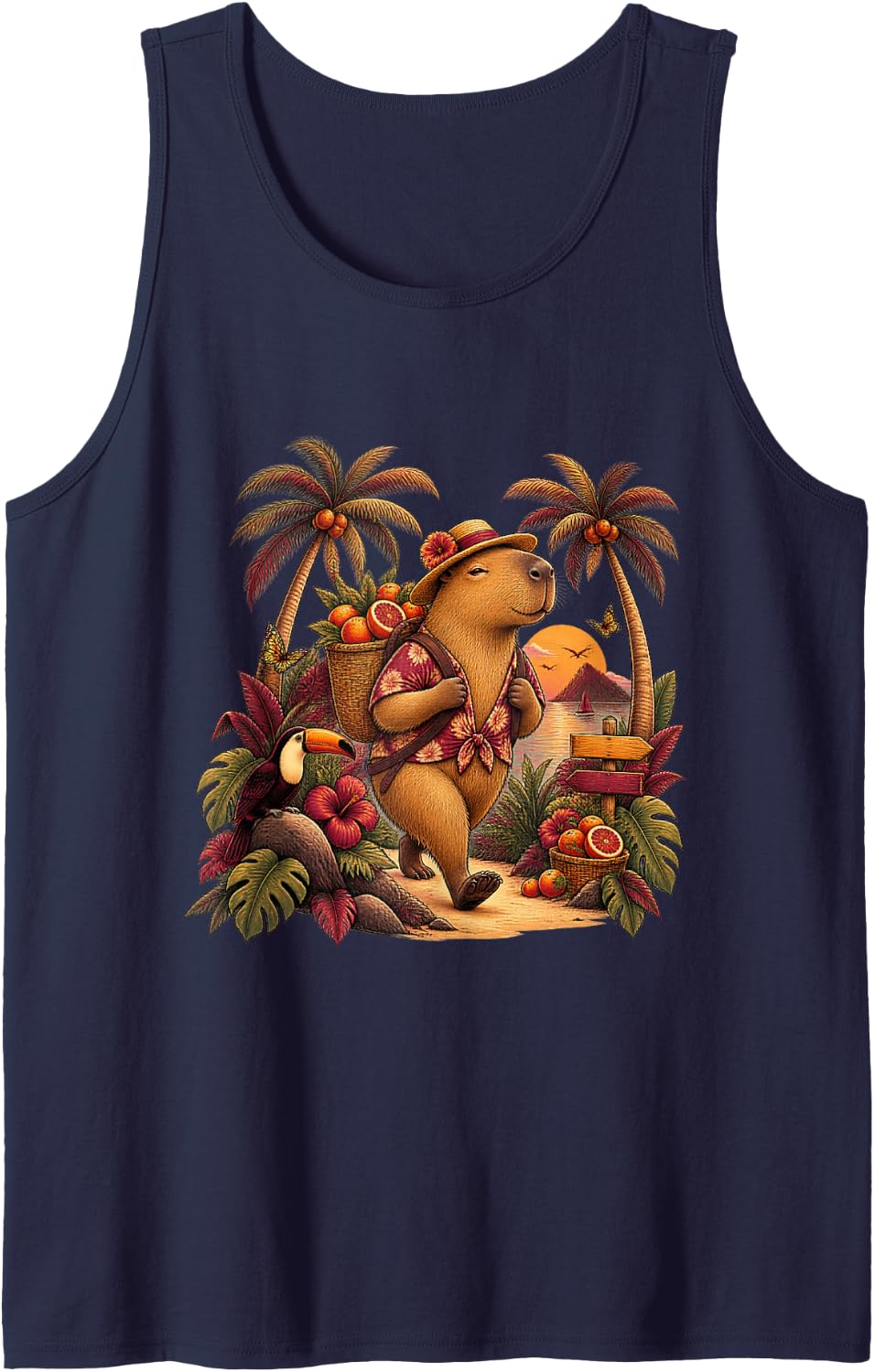 Playful Capybara Carrying Citrus Fruit Tank Top - Navy Blue