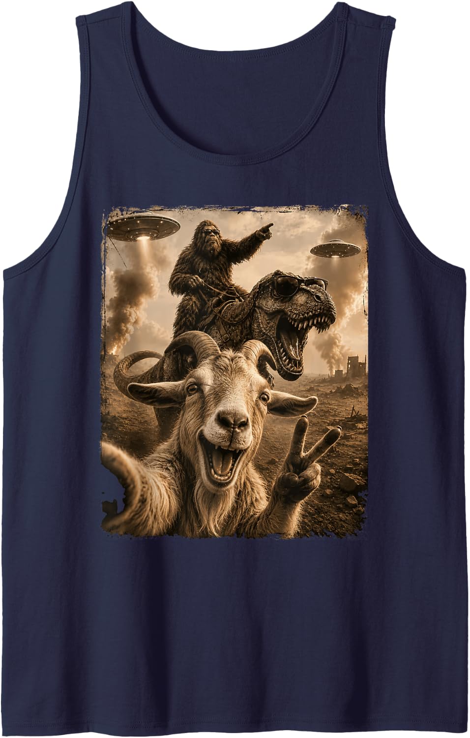 Goat Selfie Bigfoot T Rex UFO Funny Men Women Kid Humor Sleeveless Tank Top - Navy Blue