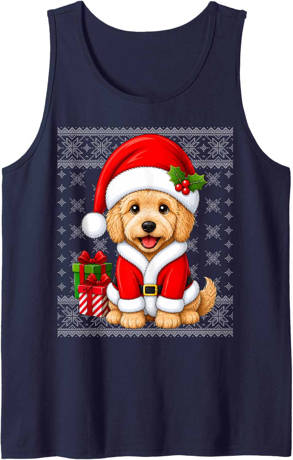 Goldendoodle Dog in Christmas Santa Costume Ugly Xmas Sleeveless Tank Top - Navy Blue