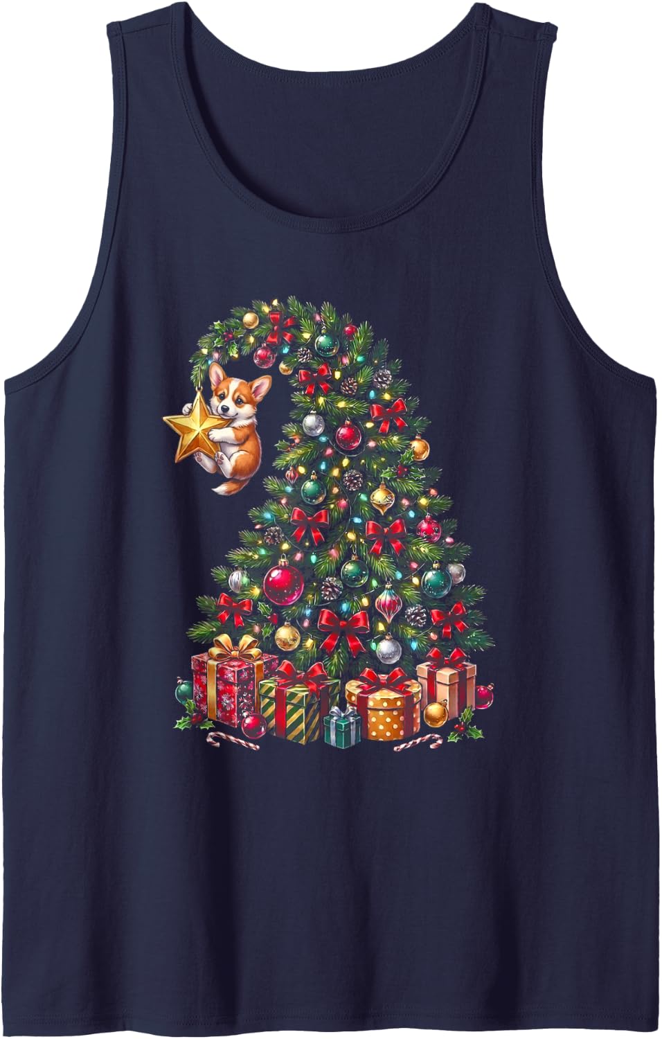 Pembroke Welsh Corgi Hanging from Christmas Tree Festive Sleeveless Tank Top - Navy Blue