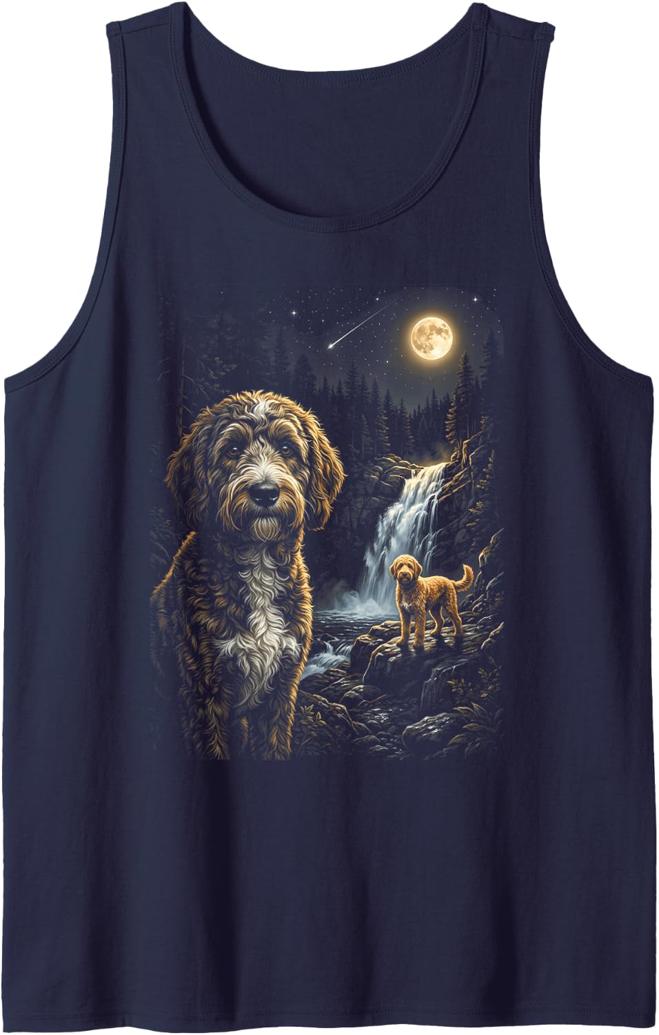 Goldendoodle Howling to The Moon Meme 90s Animal Dog Sleeveless Tank Top - Navy Blue