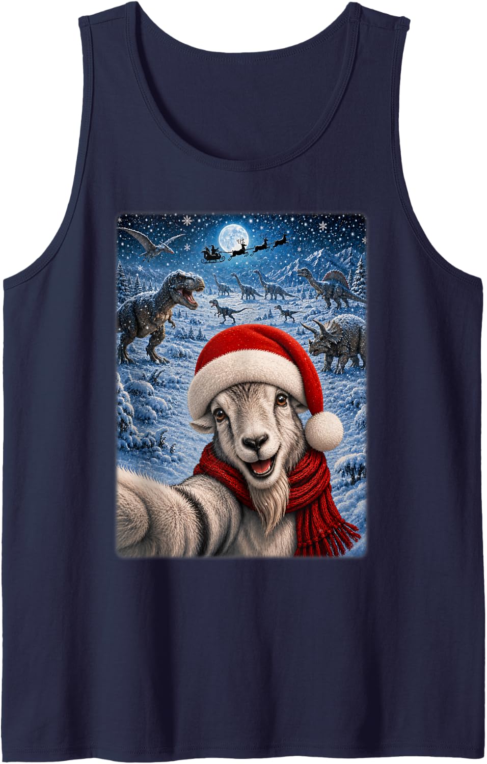 Goat Xmas Dinosaurs Moon Night Starry Themed Goat Christmas Tank Top - Navy Blue