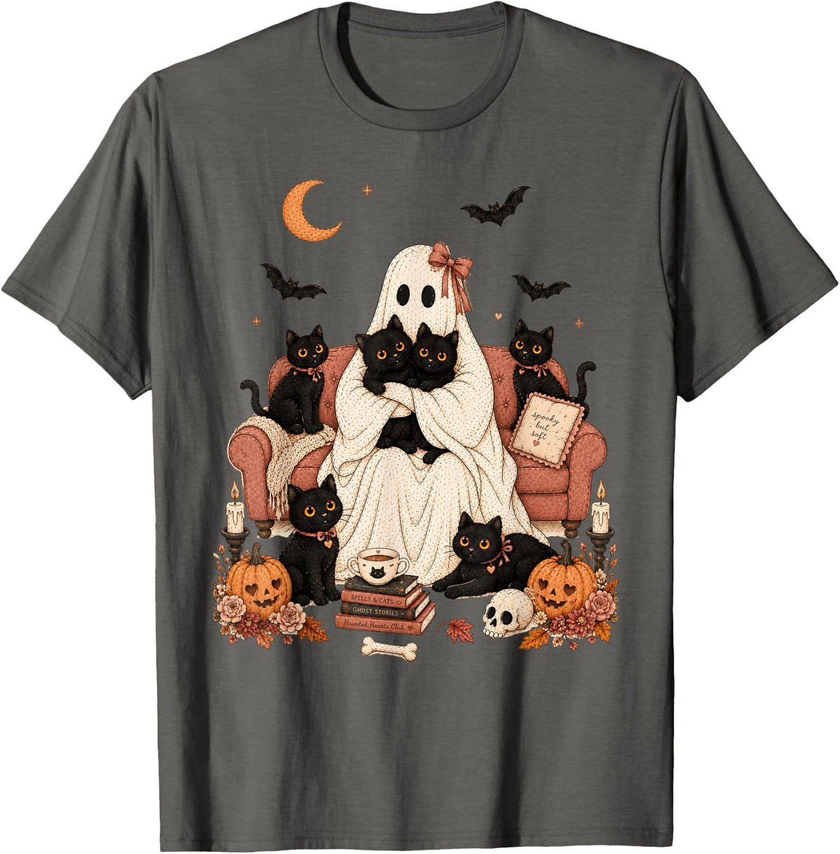 Cute Halloween Cat Mom Ghost T-Shirt Tee for Women Girls Black Cat Lovers - Asphalt Grey