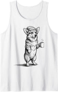 Grumpy Pembroke Welsh Corgi Dog Drinking Coffee Funny Sleeveless Tank Top - White
