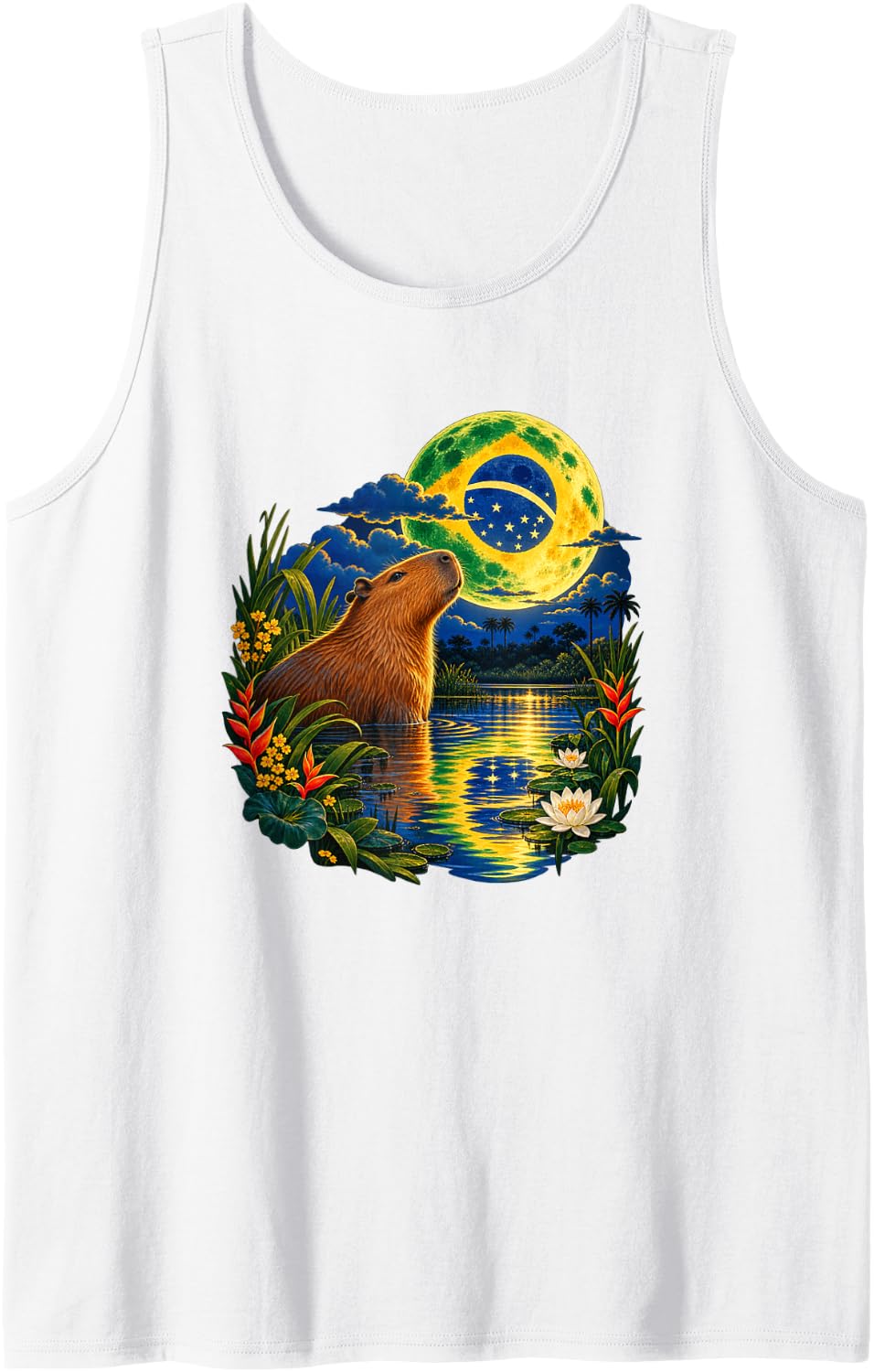 Brazilian Capybara Moon Sun Brazil Artwork Patriotic Pride Sleeveless Tank Top - White