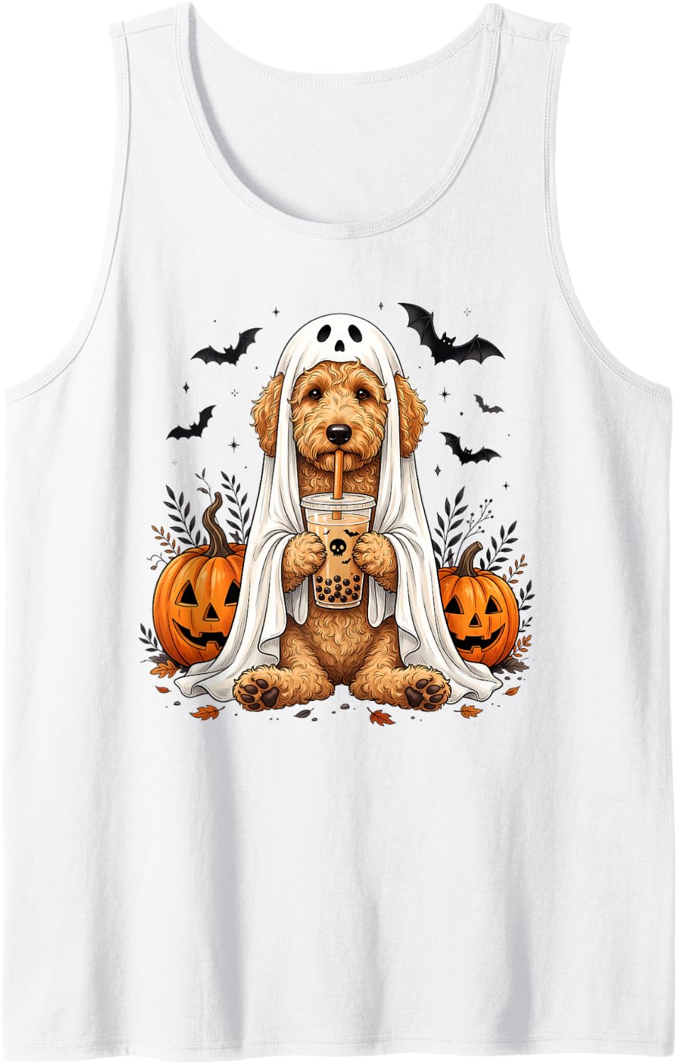 Goldendoodle Ghost Boba Cute Halloween Dog Sleeveless Tank Top - White
